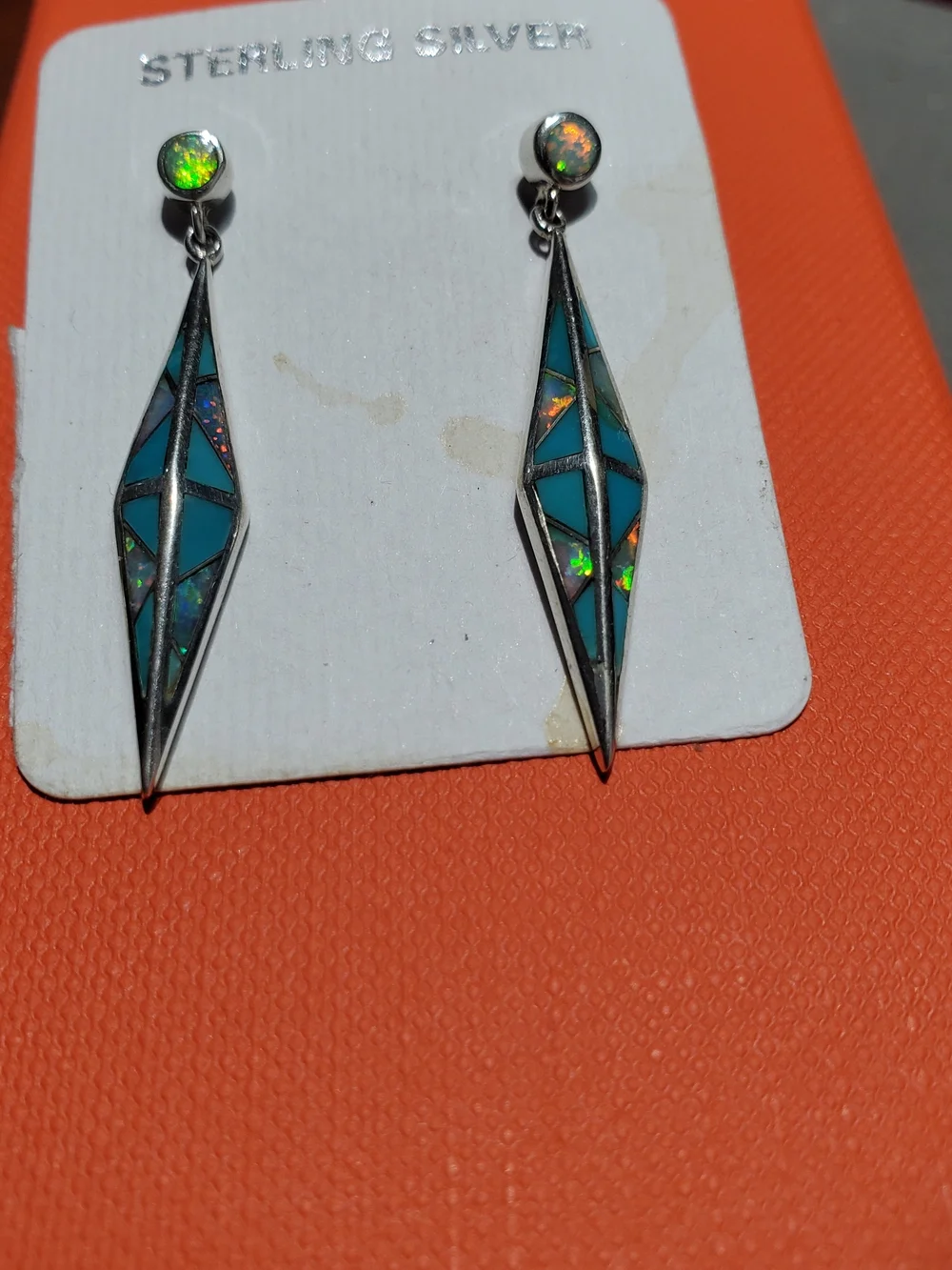 Native Alvin Vandever Sterling Silver Turquoise Fire Opal Inlay Dangle Earrings
